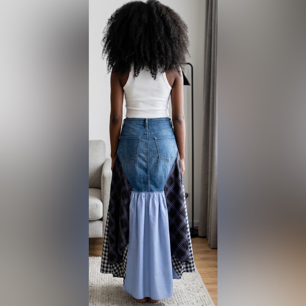 Upcycled Denim And Checkered Patchwork Skirt Made… - image 2